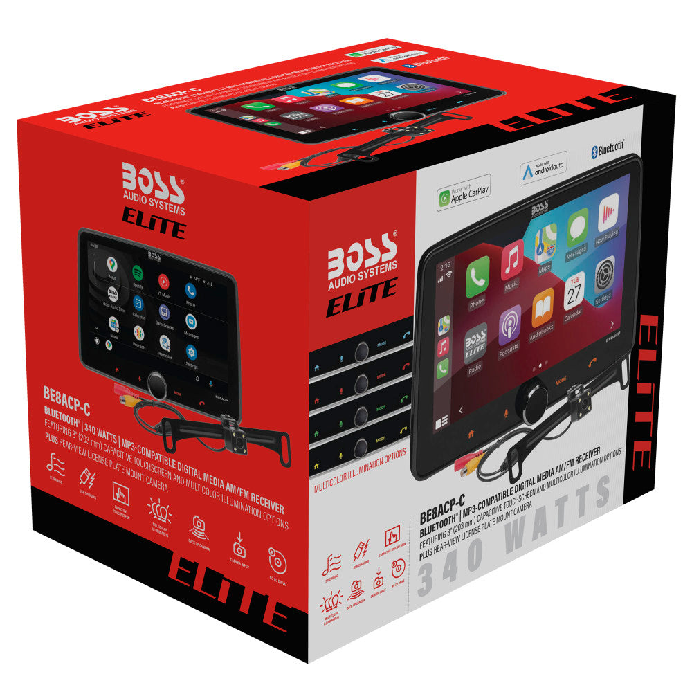 BOSS Elite, In-Dash > Apple CarPlay > Floating Displays, Model BE8ACP-C, retail packaging view