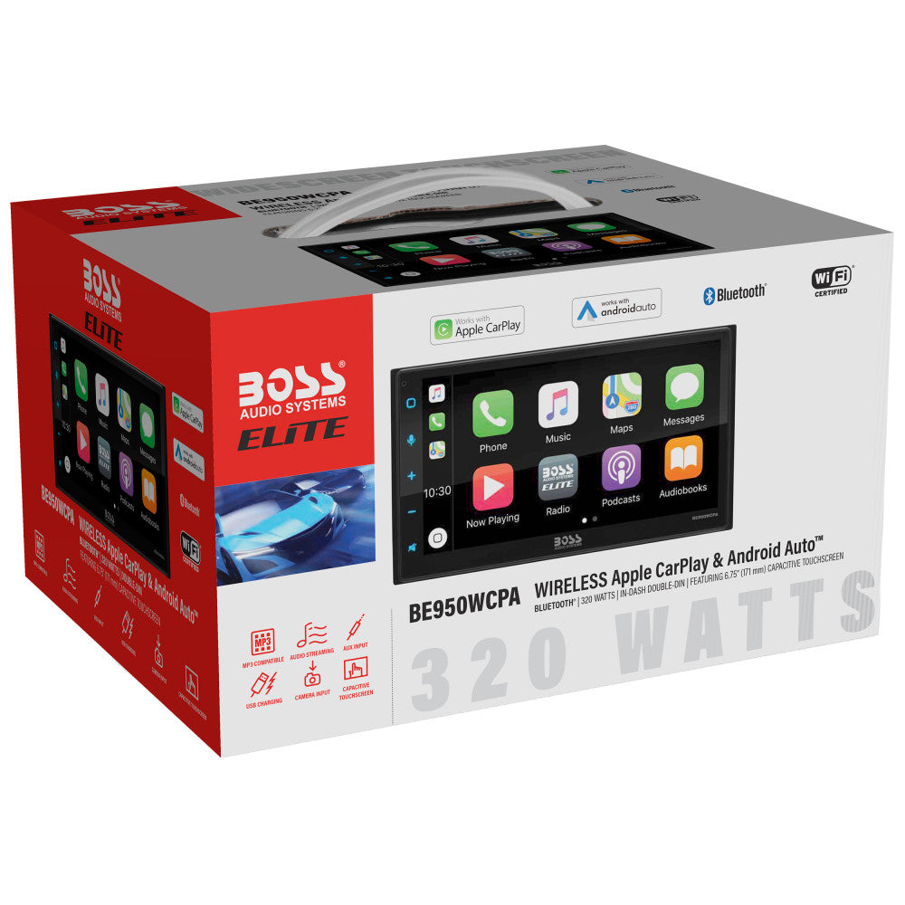 BOSS Elite, In-Dash > Apple CarPlay, Model BE950WCPA, retail packaging view