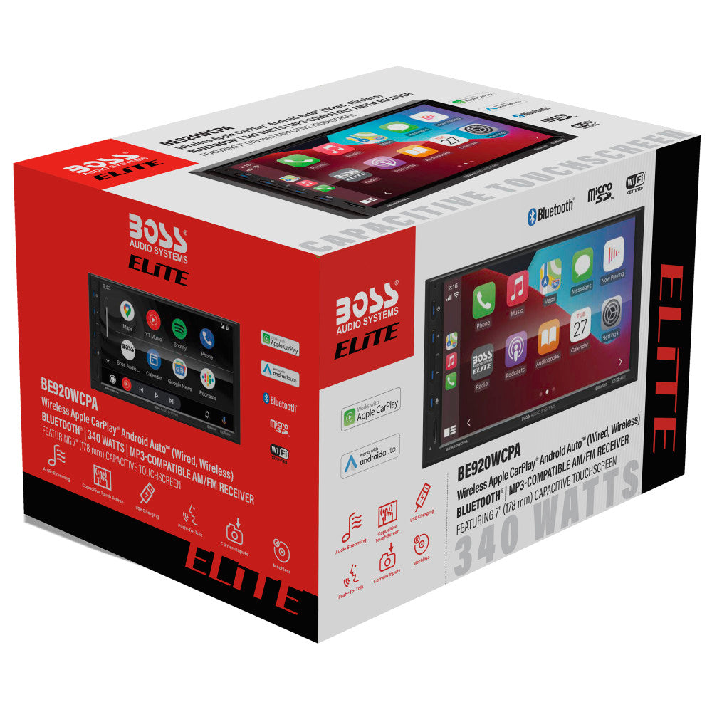 BOSS Elite, In-Dash > Apple CarPlay, Model BE920WCPA, retail packaging view